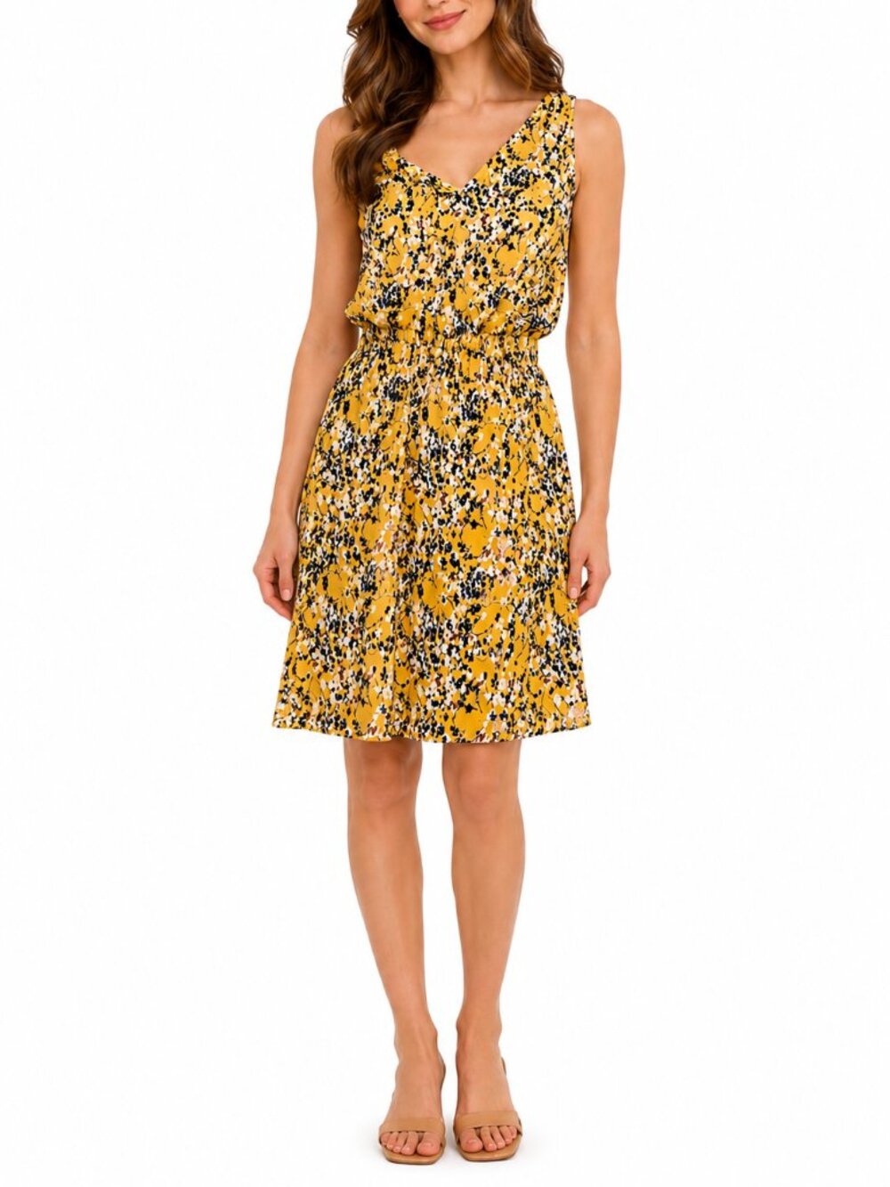 Sleeveless Yellow Floral V-Neck Summer Dress